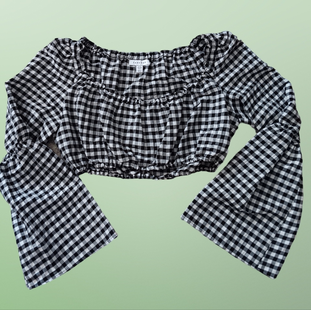 TOPSHOP Black White Gingham Plaid Print Flare Long Sleeve Crop Top US 6 Small